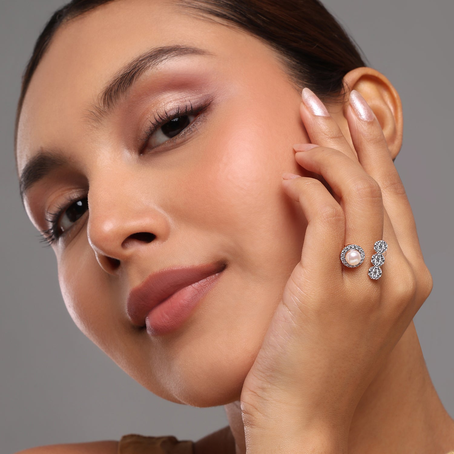 Open-Ended Pearl Accent Ring With Dual Halo Design