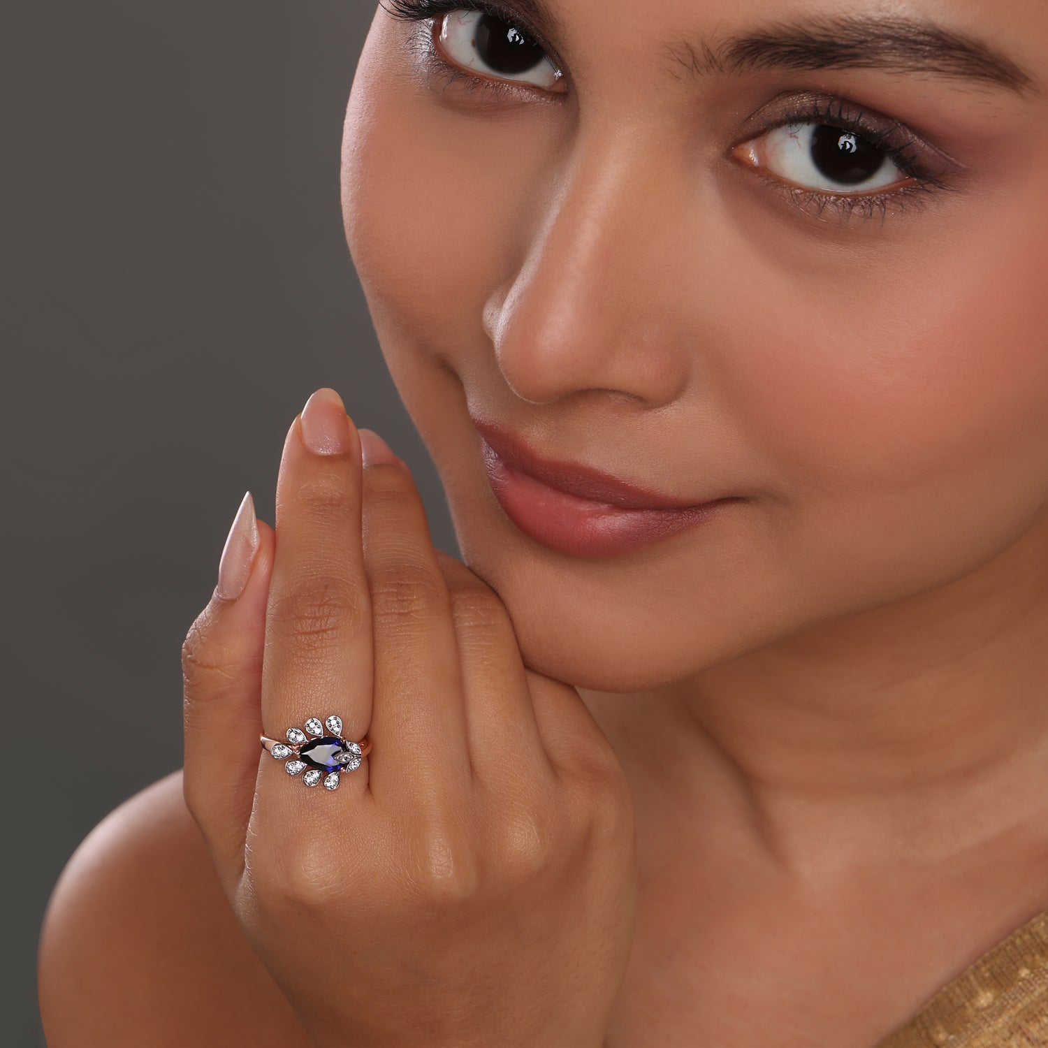 Royal Blue Petal Ring With Delicate Leaf Motifs