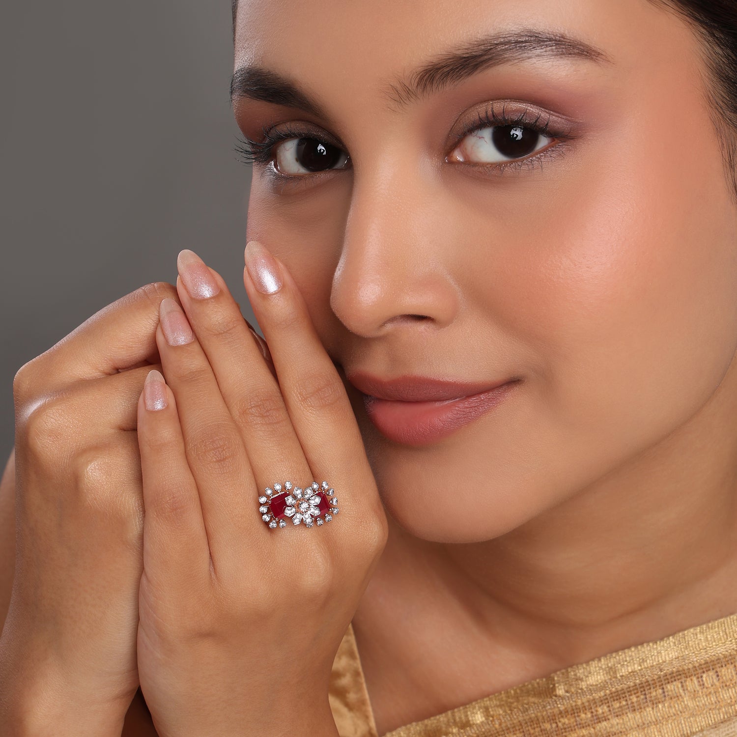 Dual Red Floral Ring With Intricate Stone Embellishments