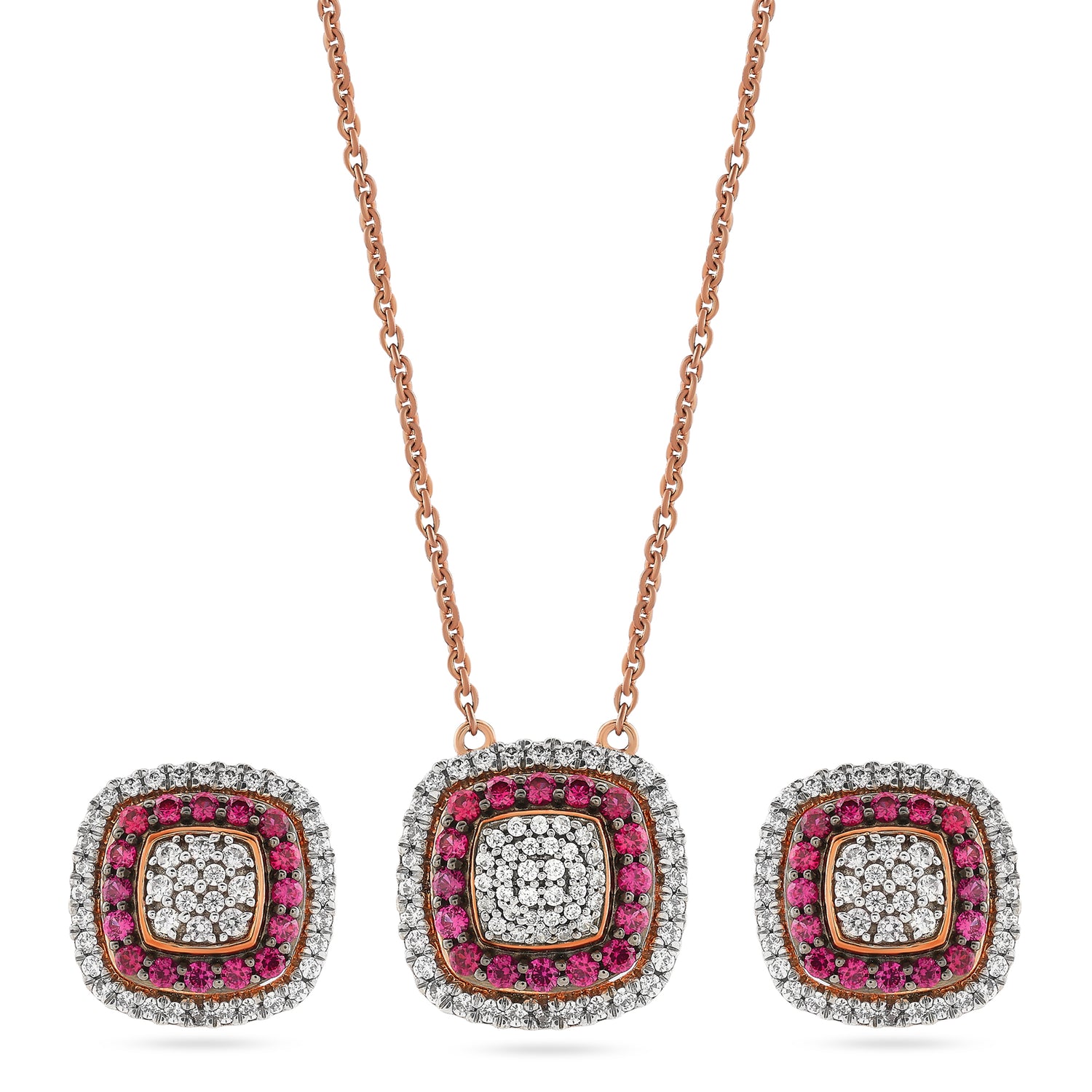 A Radiant Celebration Cushion Cut Double Halo Necklace And Earrings