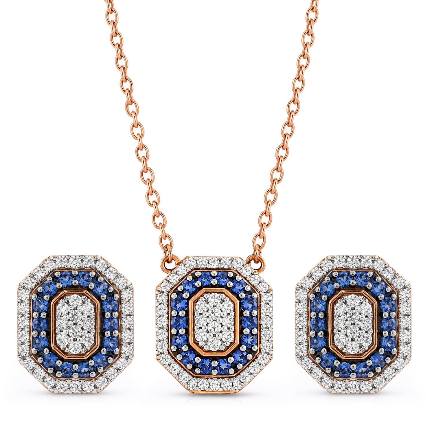 Timeless Regal Octagonal Halo Necklace and Matching Stud Earring Set