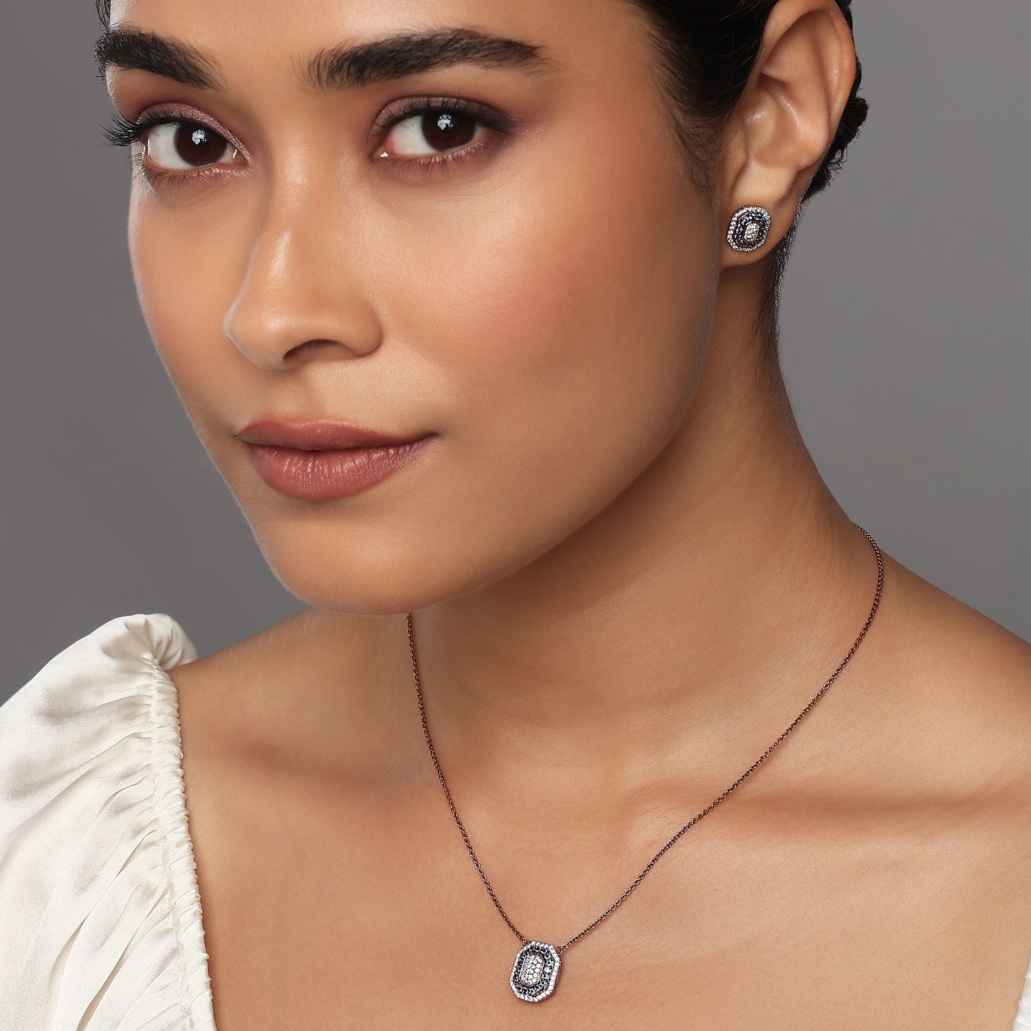 Timeless Regal Octagonal Halo Necklace and Matching Stud Earring Set