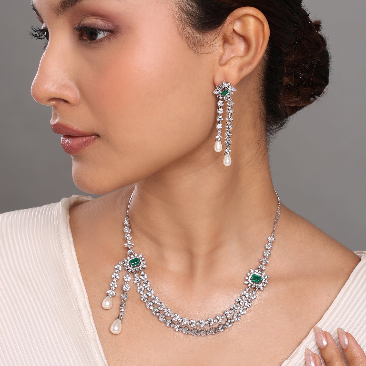 Enchanting Asymmetrical Layered Necklace and Dangle Pearl Drop Earring Set
