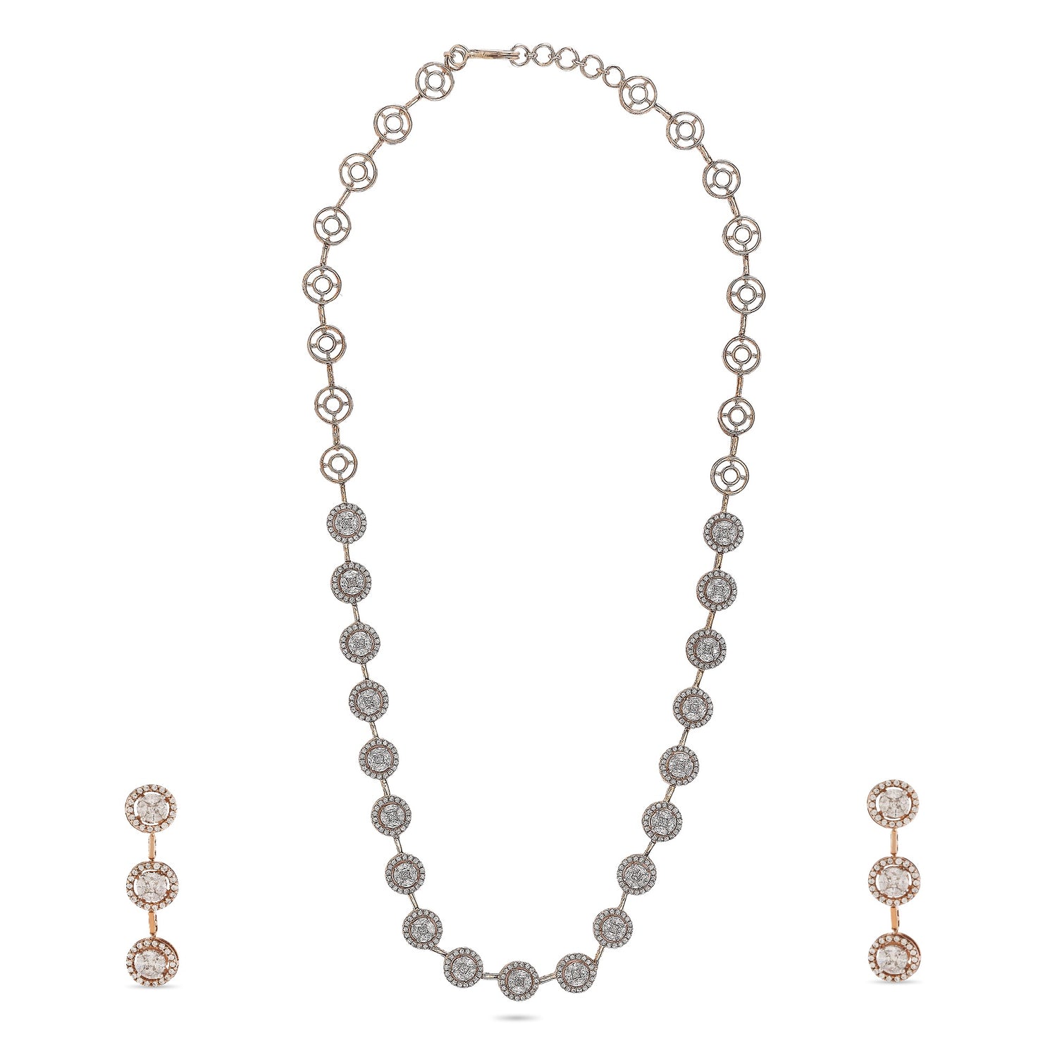 Radiant Circular Halo Cluster Link Necklace And Triple Drop Earrings