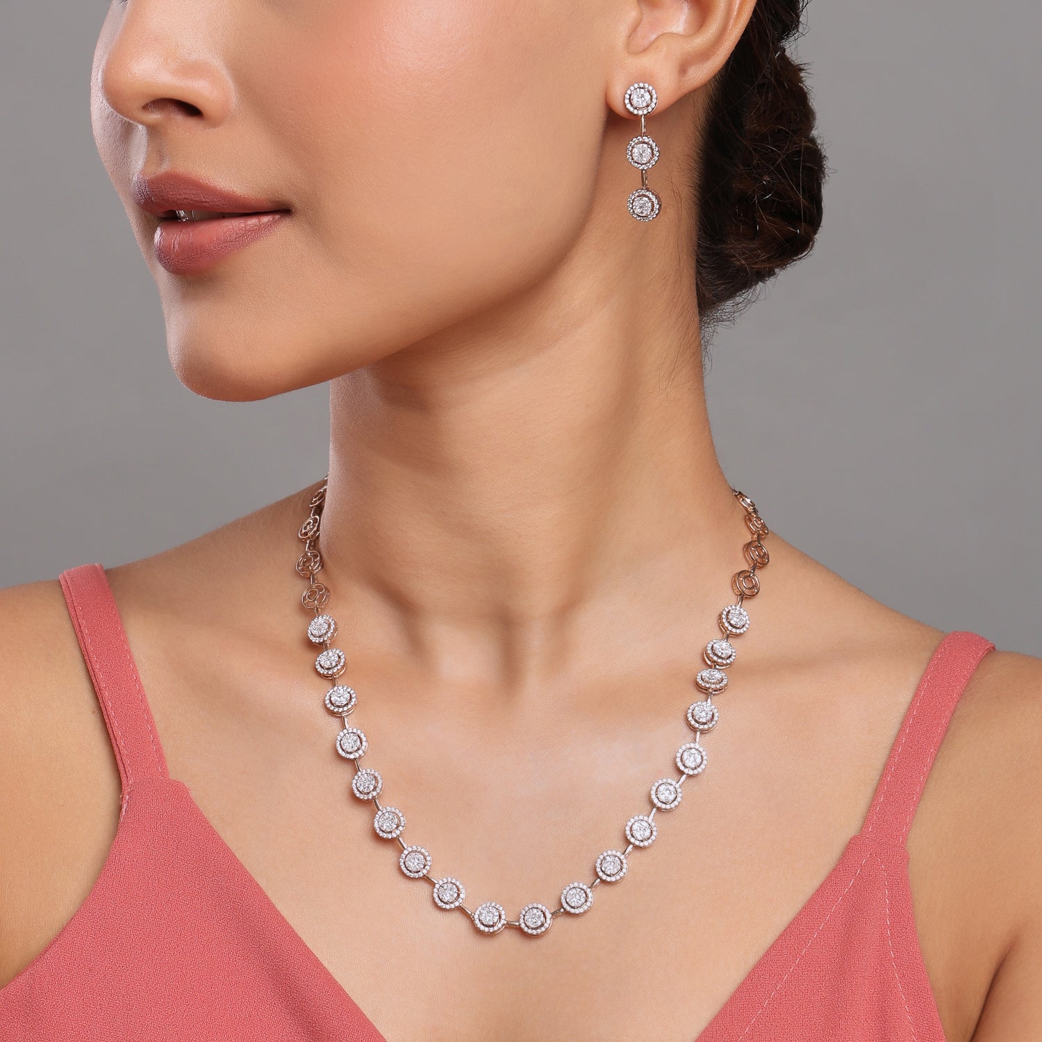 Radiant Circular Halo Cluster Link Necklace And Triple Drop Earrings