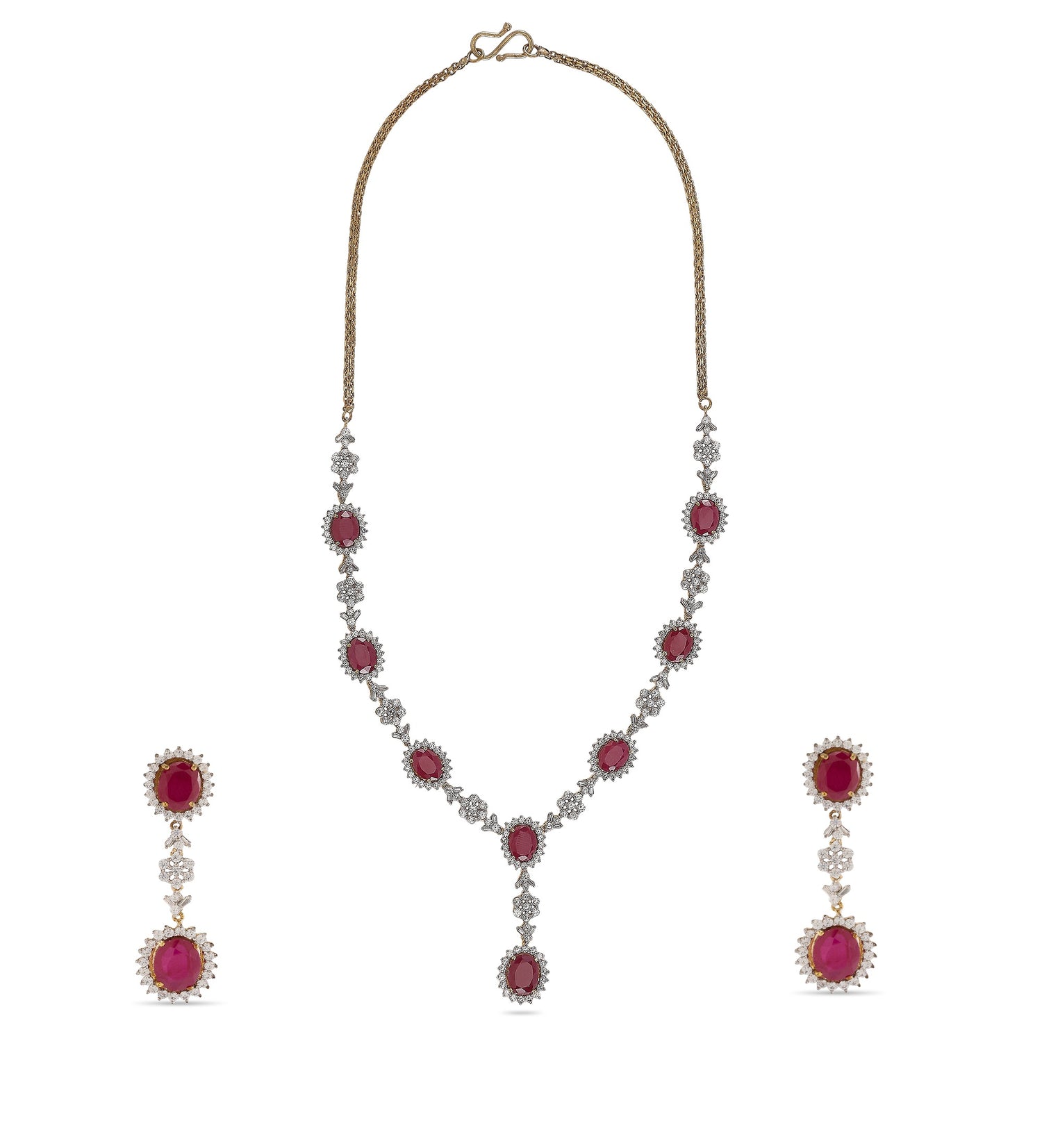 Enchanting Crimson Oval Blossom Necklace and Regal Drop Earring Set