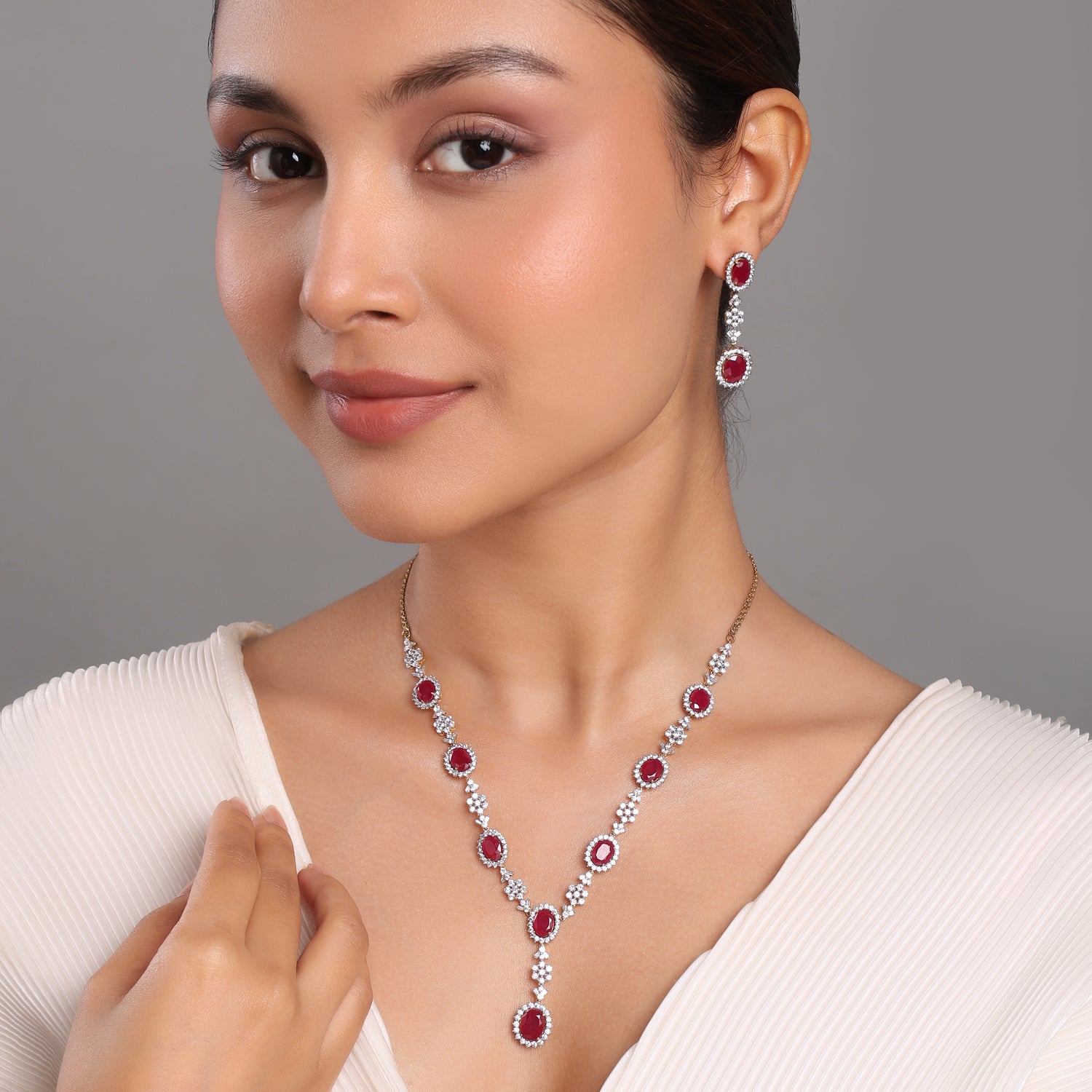 Enchanting Crimson Oval Blossom Necklace and Regal Drop Earring Set