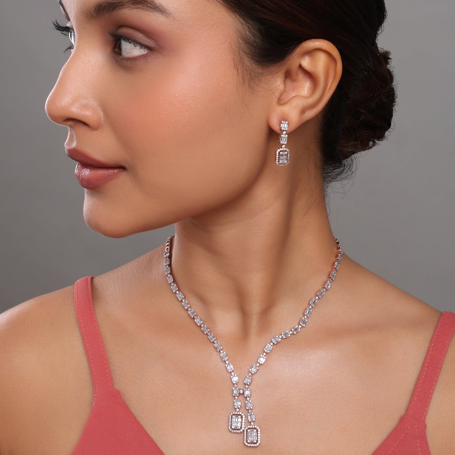 Elegant Radiance Emerald Cut Necklace and Matching Drop Earring Set