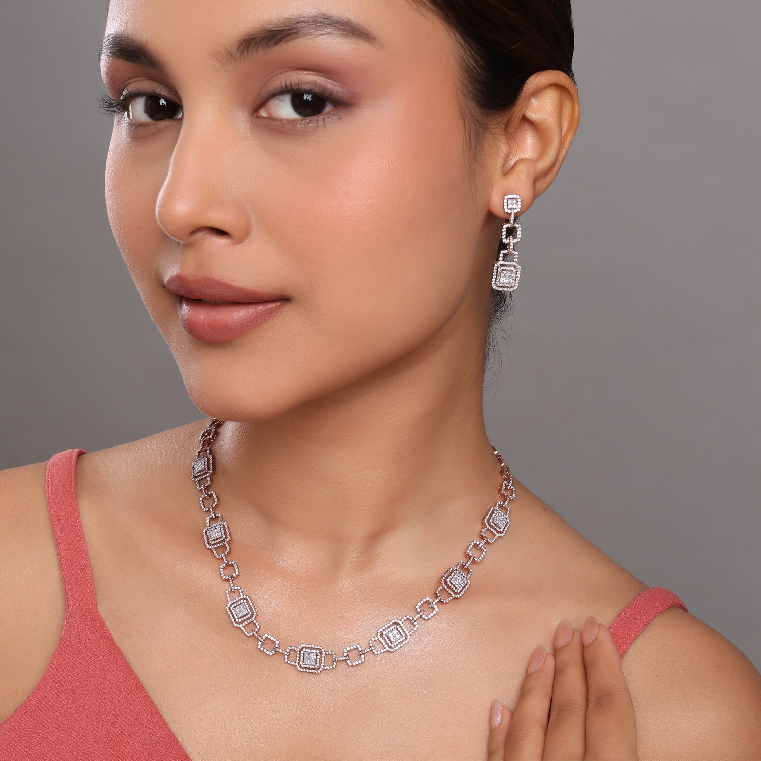 Radiant Geometric Link Necklace and Matching Drop Earring Statement Set