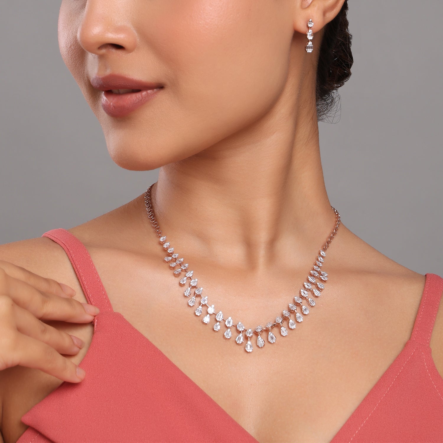 Ethereal Cascading Pear Cut Necklace And Triple Drop Earring Set