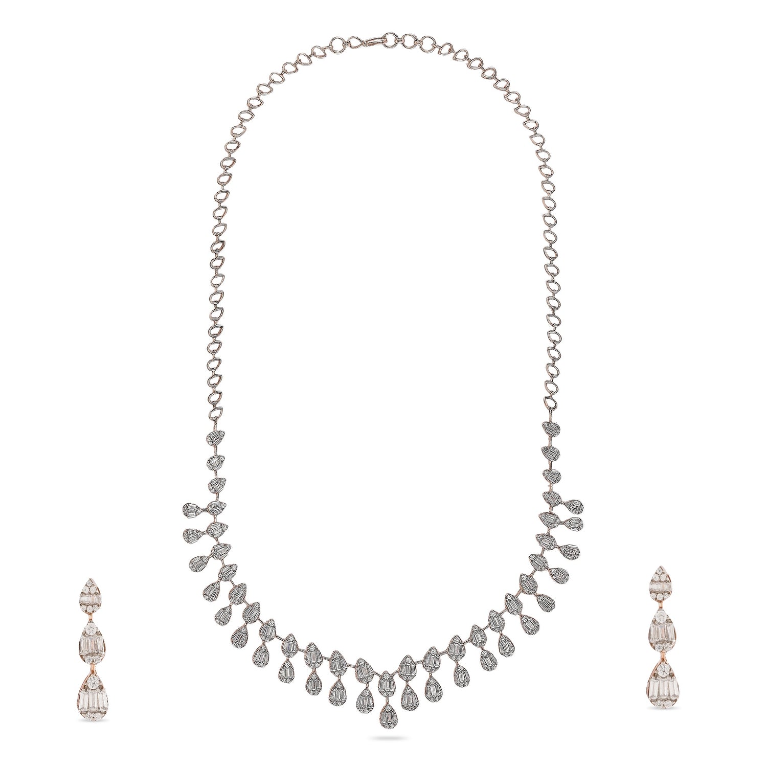Ethereal Cascading Pear Cut Necklace And Triple Drop Earring Set