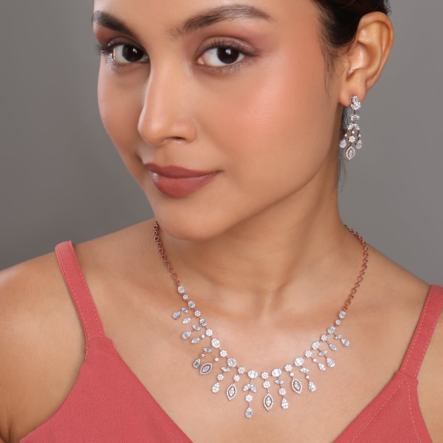 Graceful Marquise Floral Cluster Necklace and Chandelier Earring Set