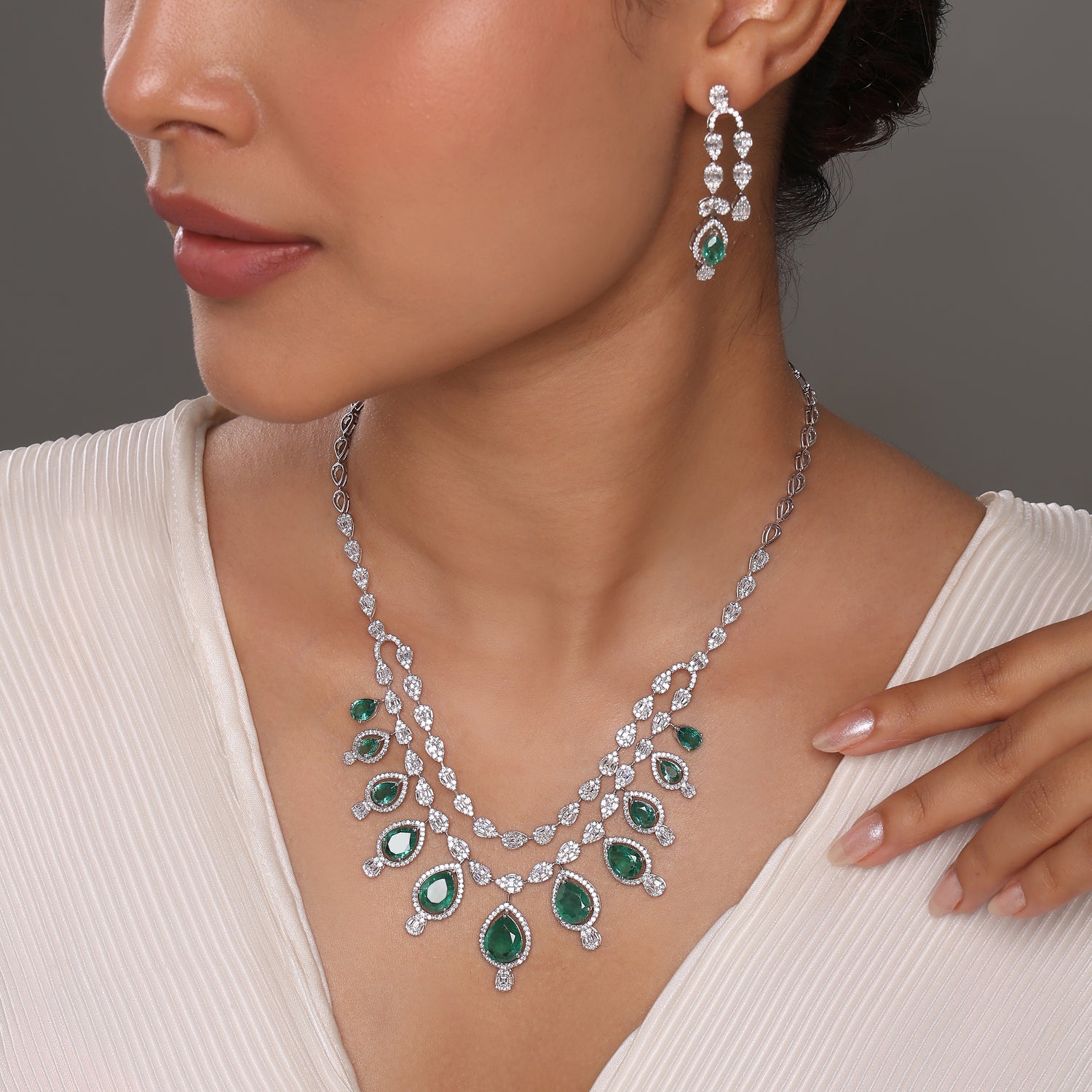 Ethereal Two Tier Layered Necklace and Drop Earrings Bridal Set