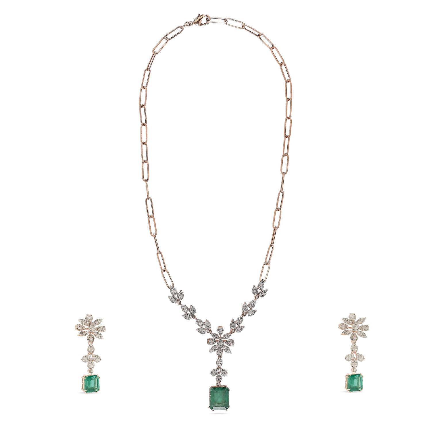 Graceful Leaf Motif Emerald Cut Stone Necklace And Earring Set
