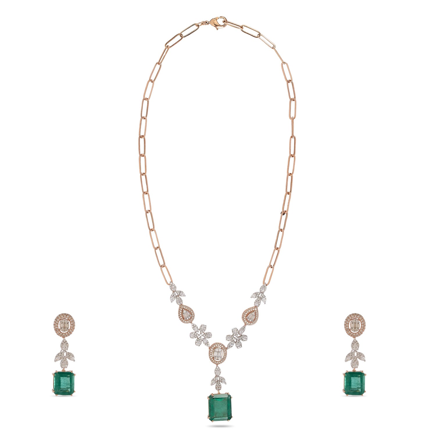 Exquisite Emerald Cut Green Stone Floral Link Necklace Set
