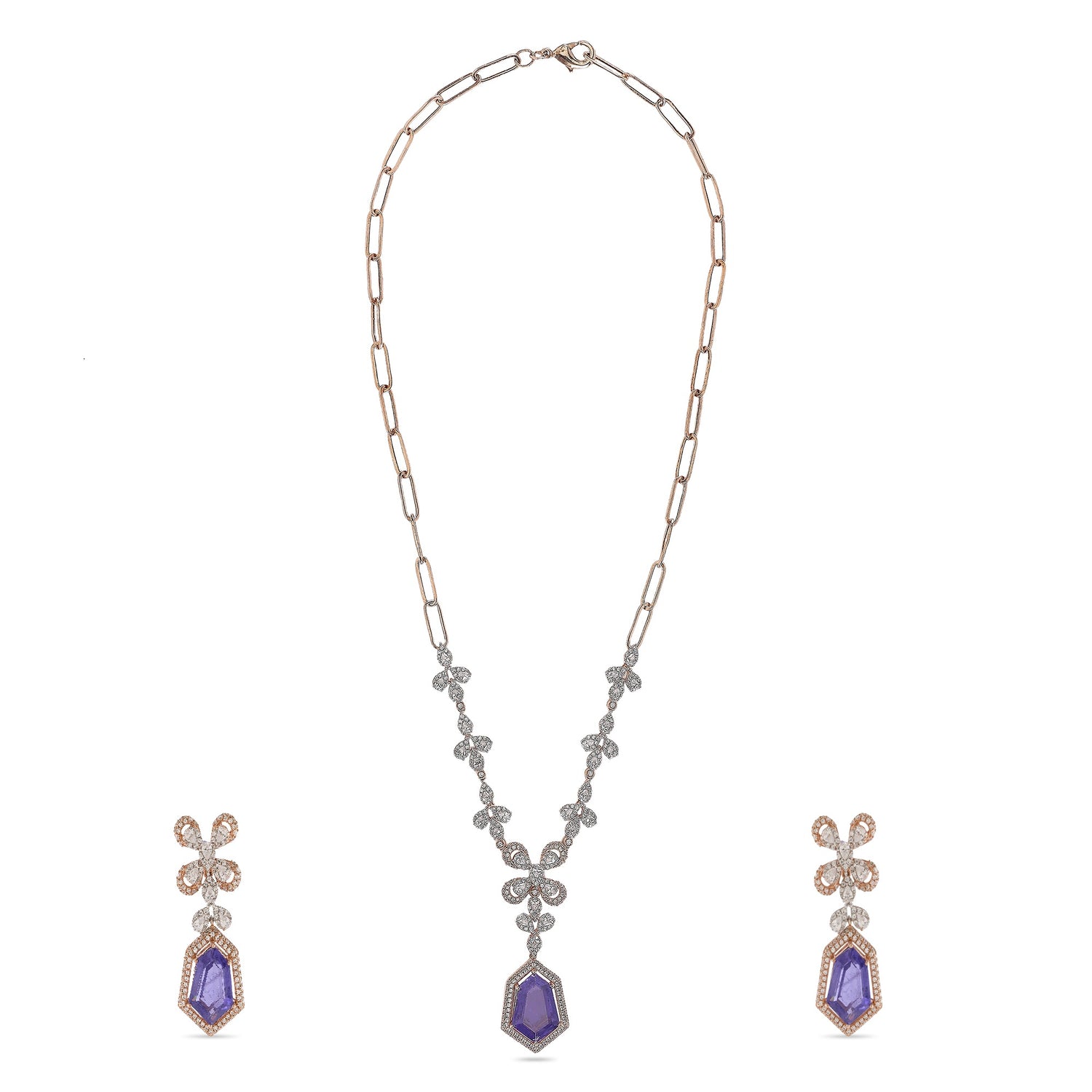 Exquisite Geometric Violet Stone Paperclip Chain Necklace and Earring Set