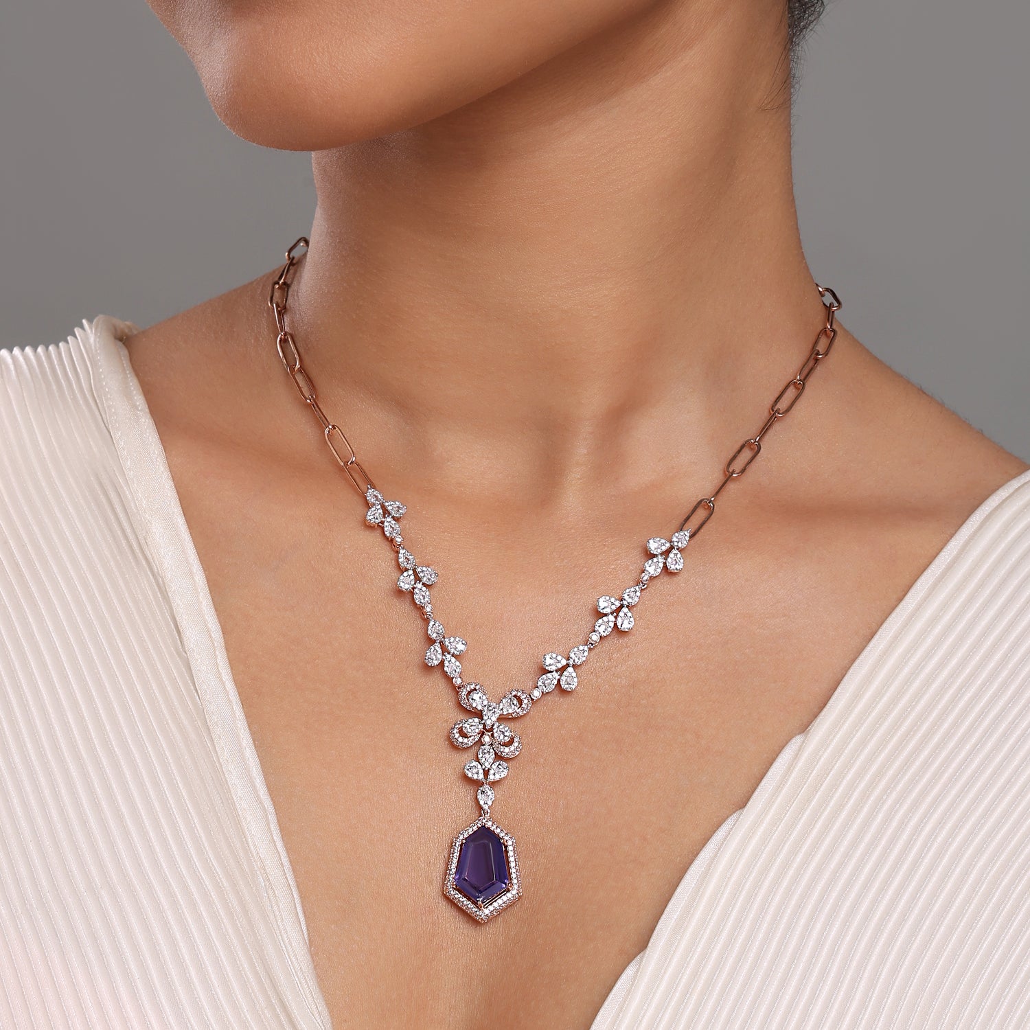 Floral Link Drop Necklace with Refined Statement Centerpiece