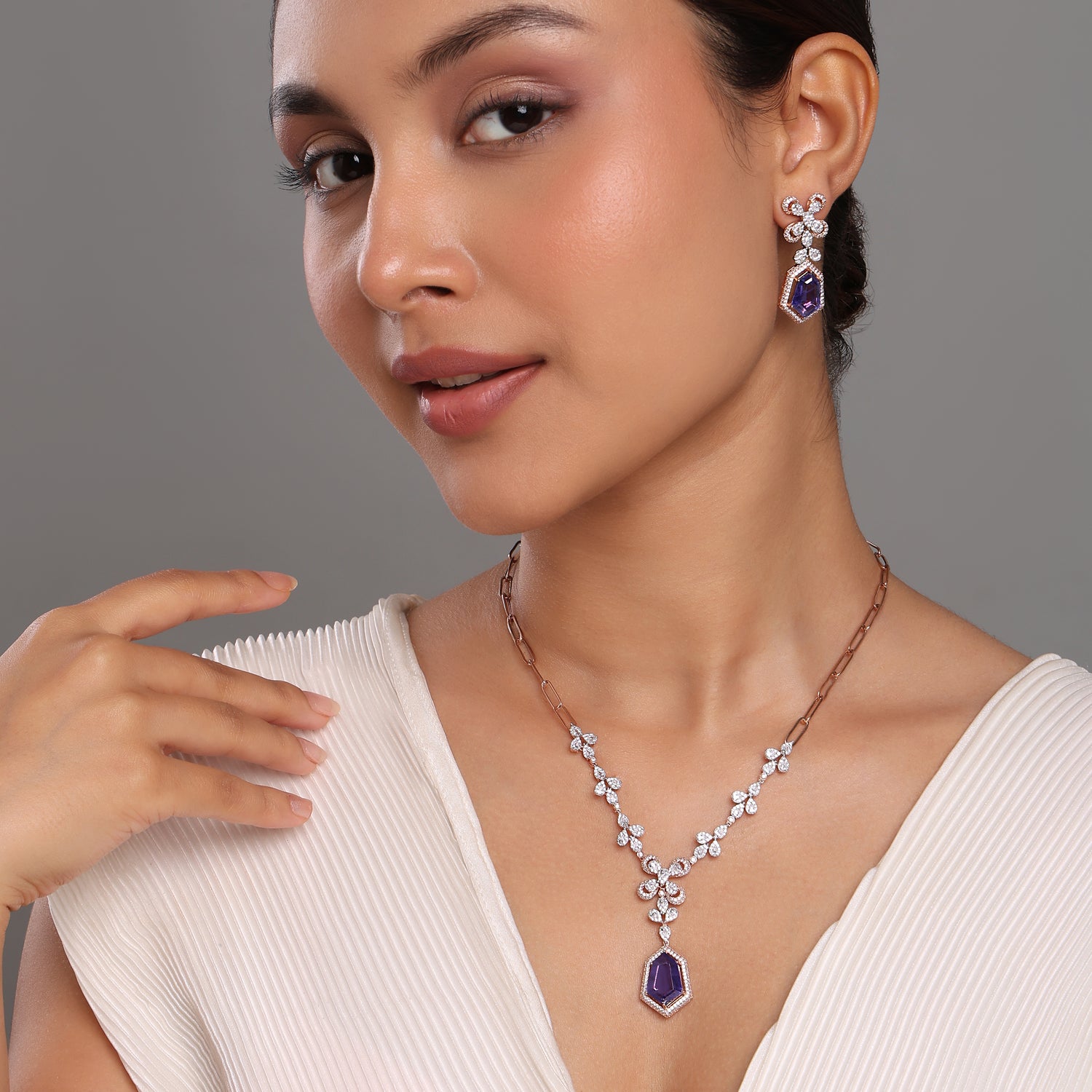 Exquisite Geometric Violet Stone Paperclip Chain Necklace and Earring Set