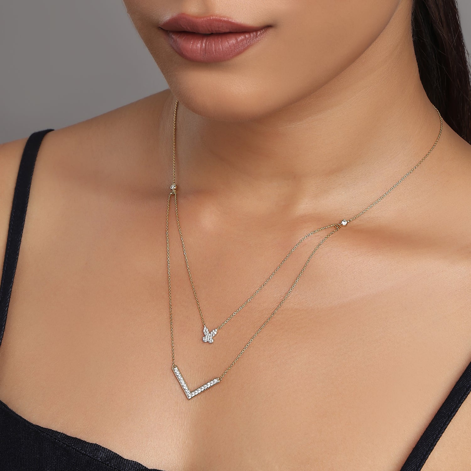 Graceful Enchanted Butterfly and Chevron Double Layered Statement Necklace for Women