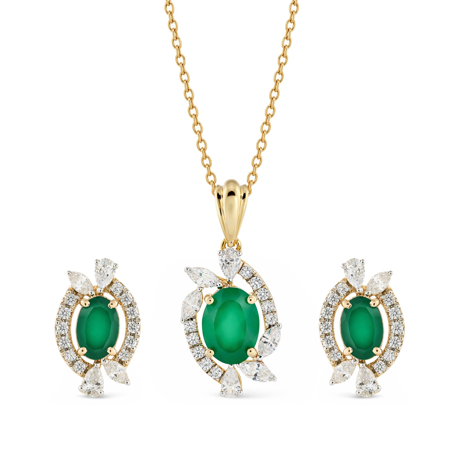 Graceful Oval Green Stone and Cluster Petal Diamond Jewelry Set