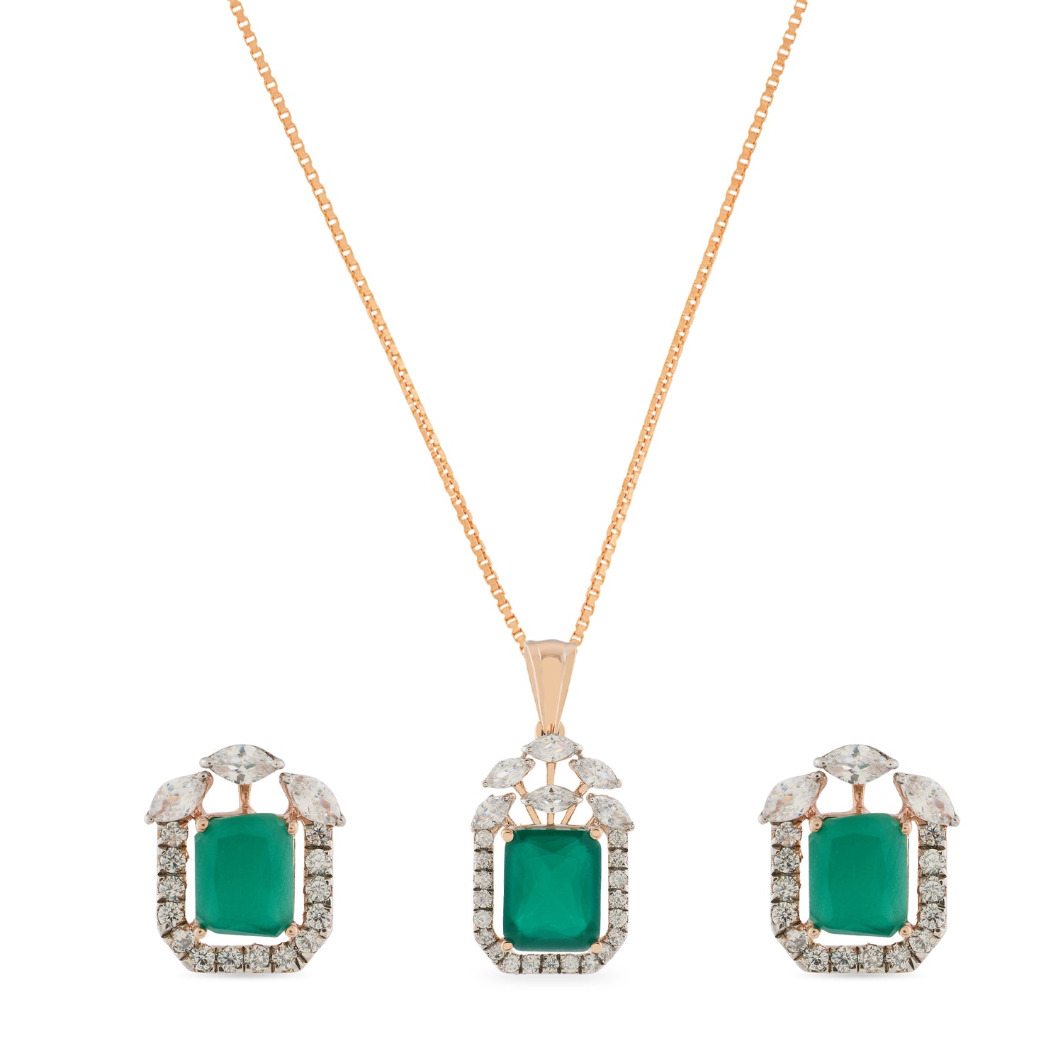Enchanting Emerald Cut Green Stone Pendant and Stud Earrings Set