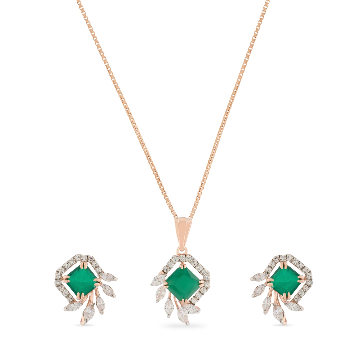 Enchanting Princess Cut Emerald Green Pendant and Matching Stud Earrings Set