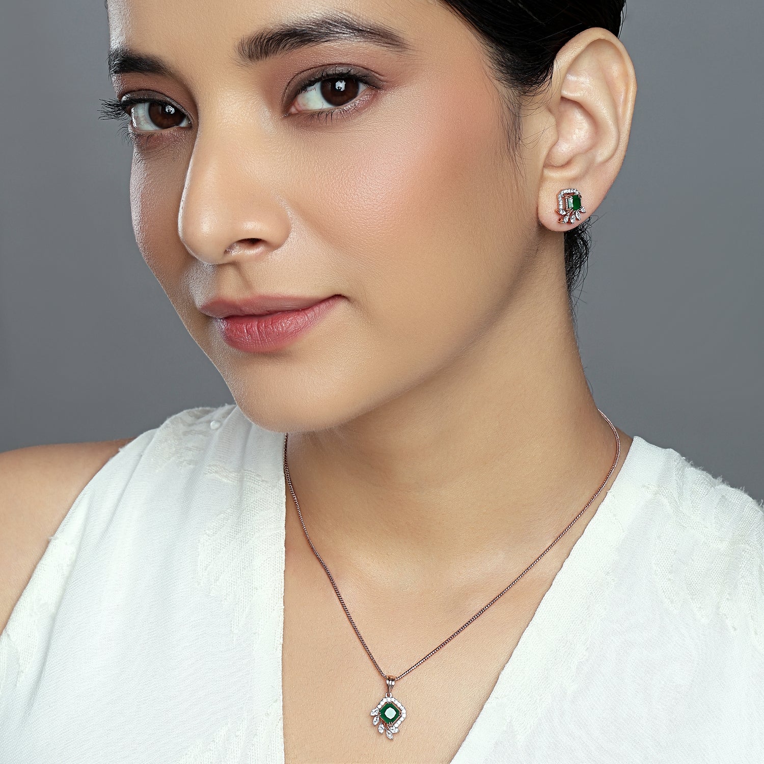 Enchanting Princess Cut Emerald Green Pendant and Matching Stud Earrings Set