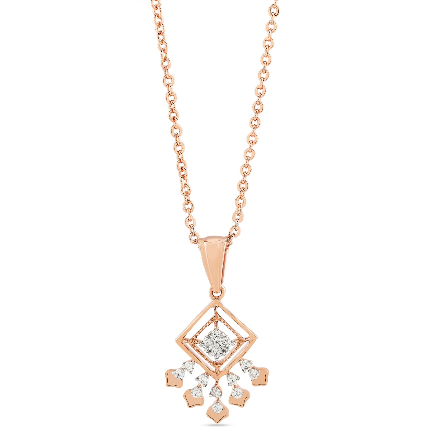 Elegant Geometric Diamond Motif Pendant With Sparkling Floral Droplet Accents