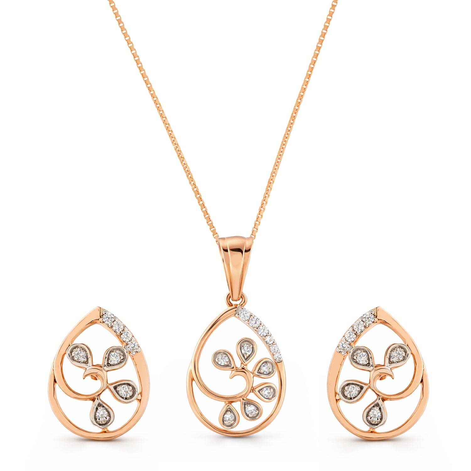 Graceful Floral Teardrop Pendant and Matching Stud Earrings Jewelry Set