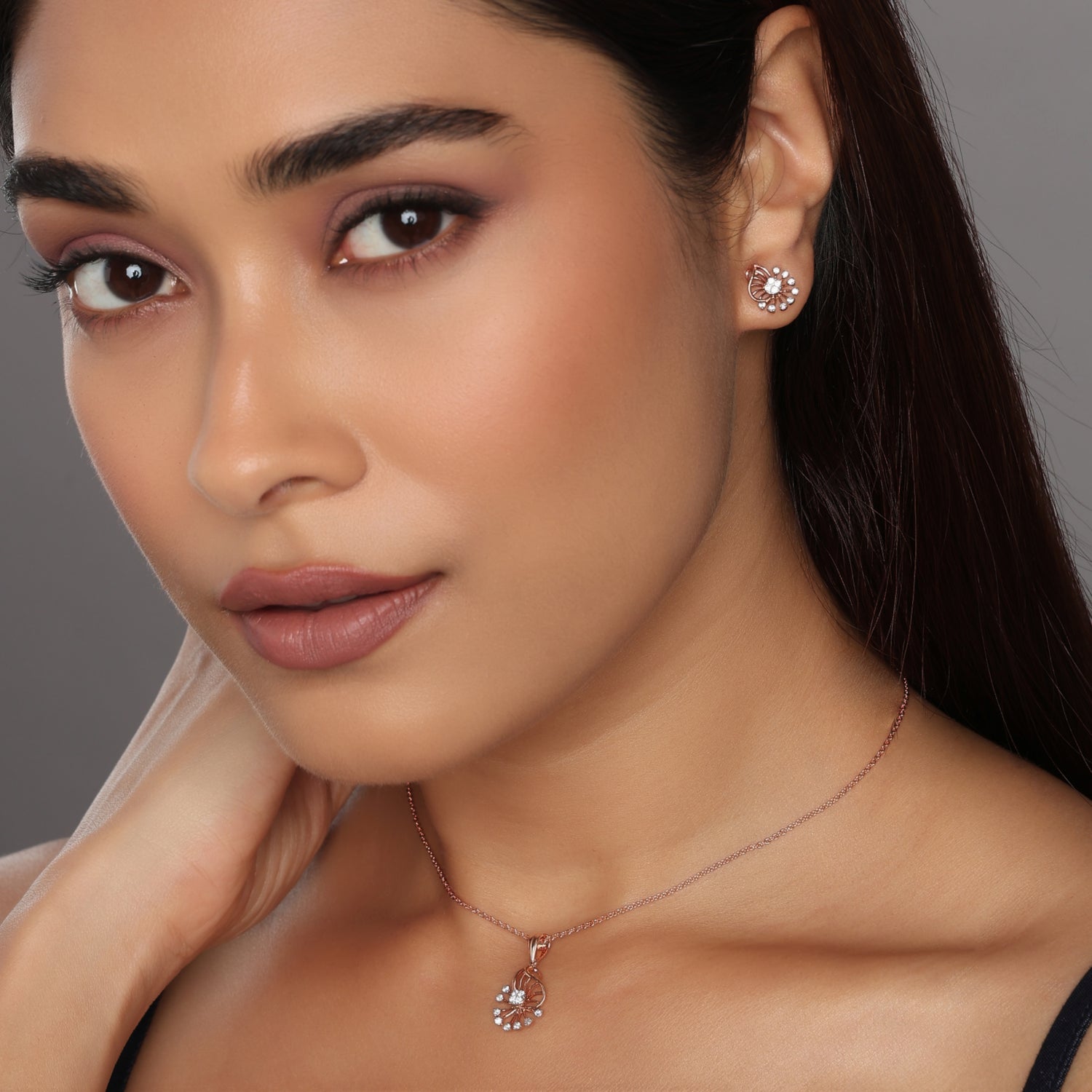 Radiant Sunburst Floral Enchantment Pendant and Matching Stud Earring Set