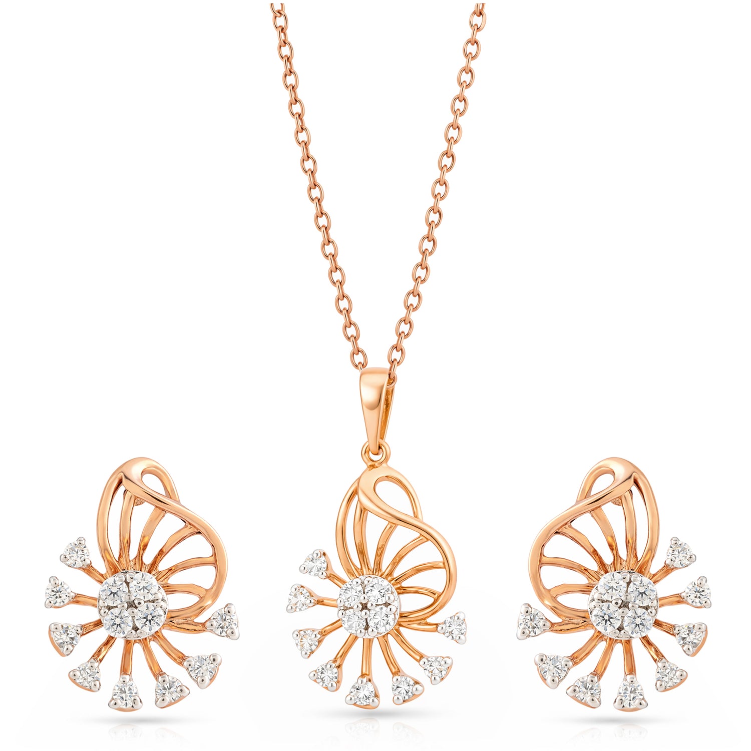 Radiant Sunburst Floral Enchantment Pendant and Matching Stud Earring Set