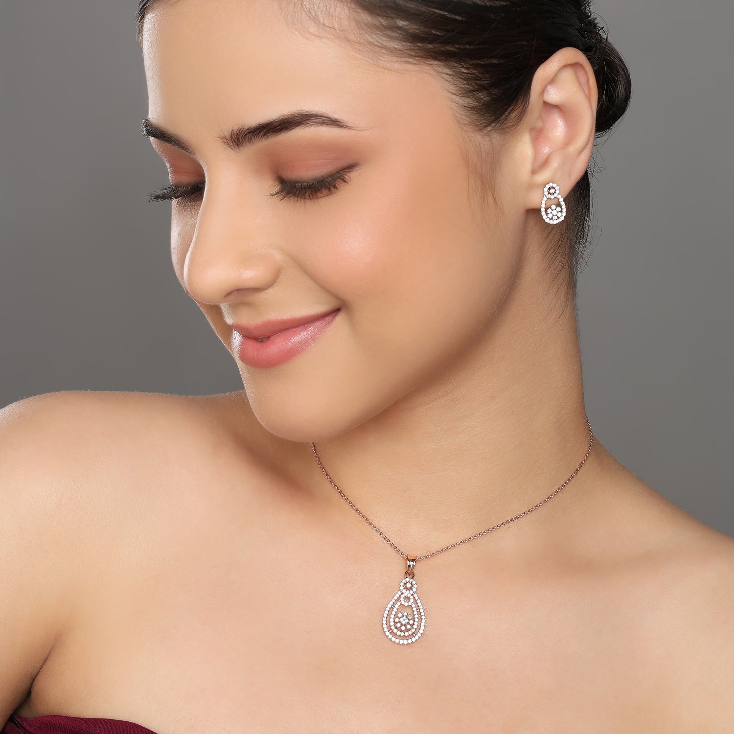 Eternal Radiance Floral Pear Drop Pendant and Matching Earrings Set