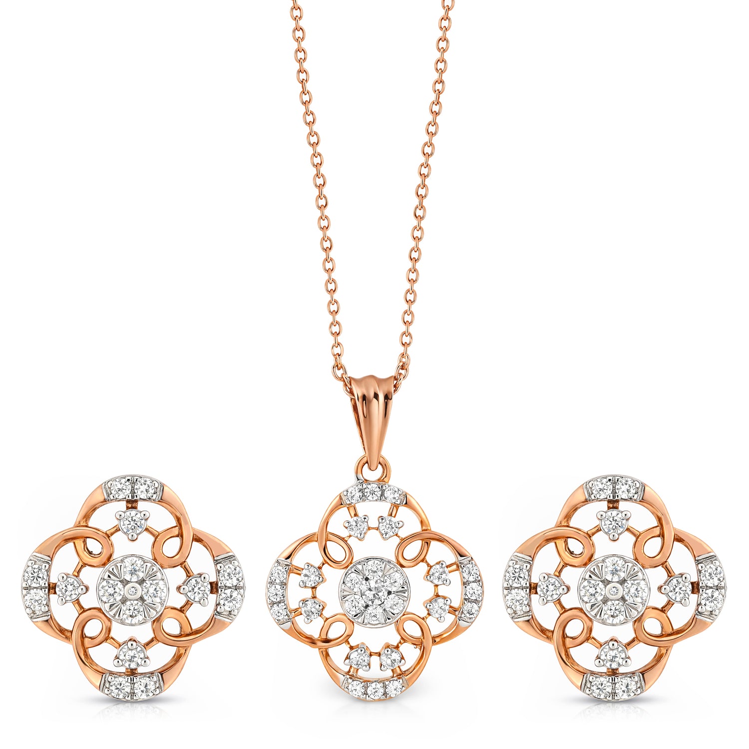 Elegant Roseate Floral Filigree Pendant and Stud Earring Jewelry Set