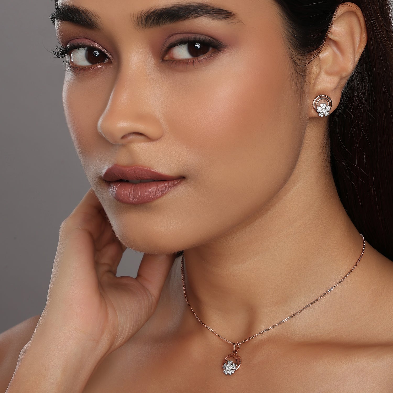 Graceful Blooming Floral Pendant and Matching Stud Earring Jewelry Set