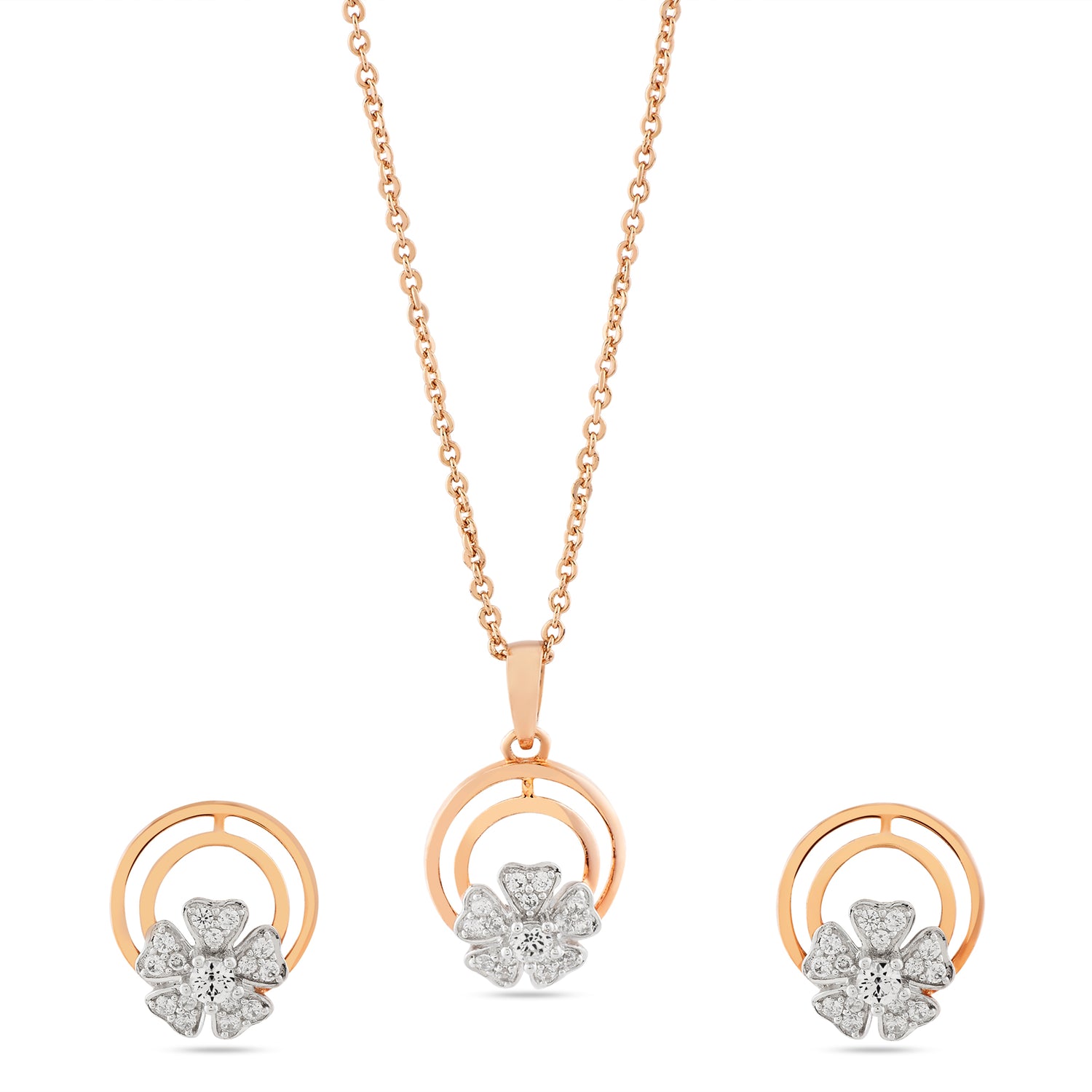 Graceful Blooming Floral Pendant and Matching Stud Earring Jewelry Set