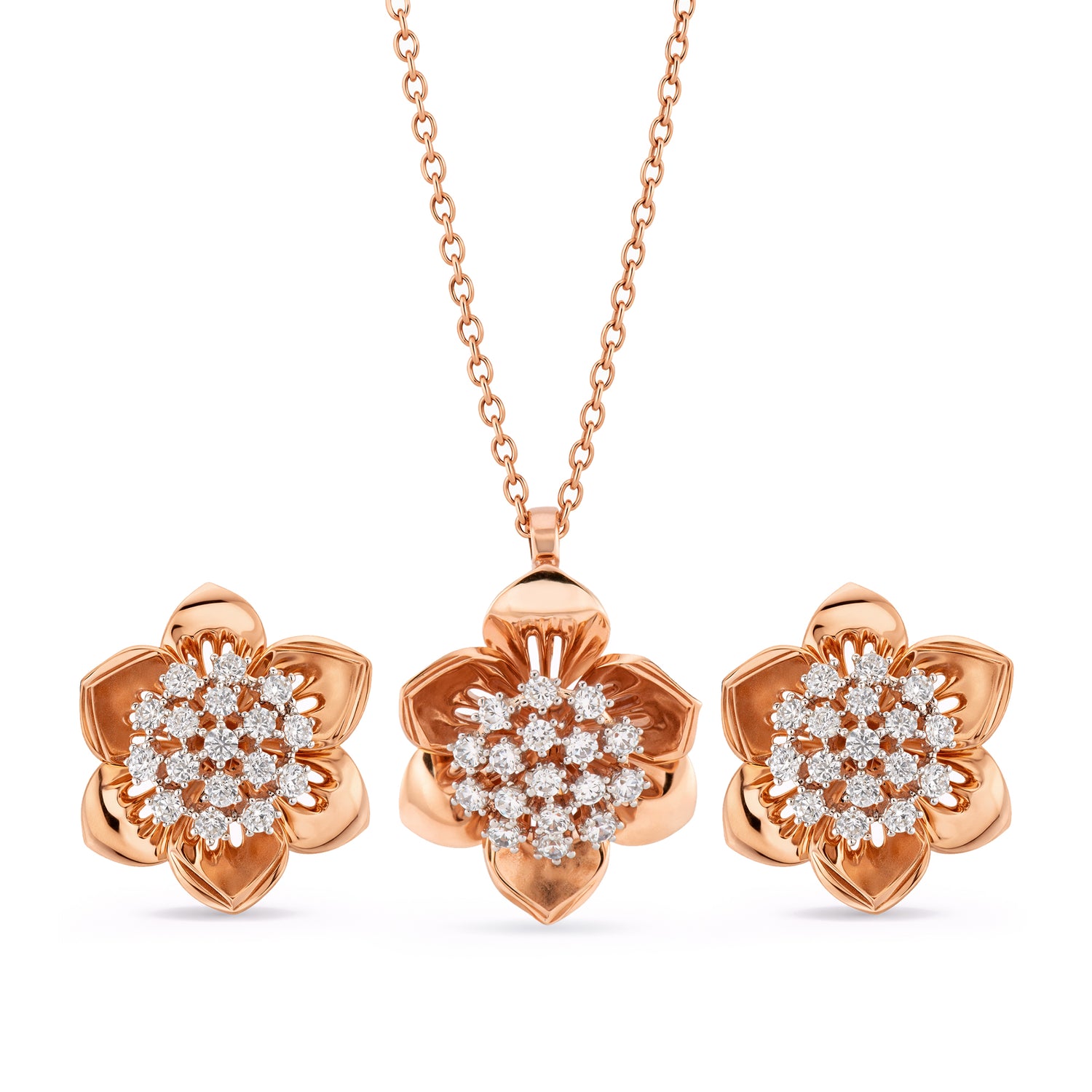 Enchanting Roseate Floral Bloom Pendant and Stud Earrings Set