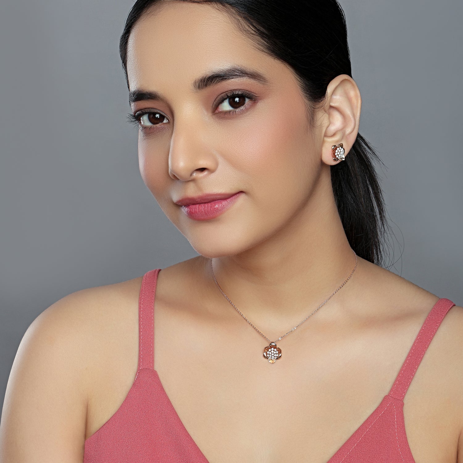 Enchanting Roseate Floral Bloom Pendant and Stud Earrings Set