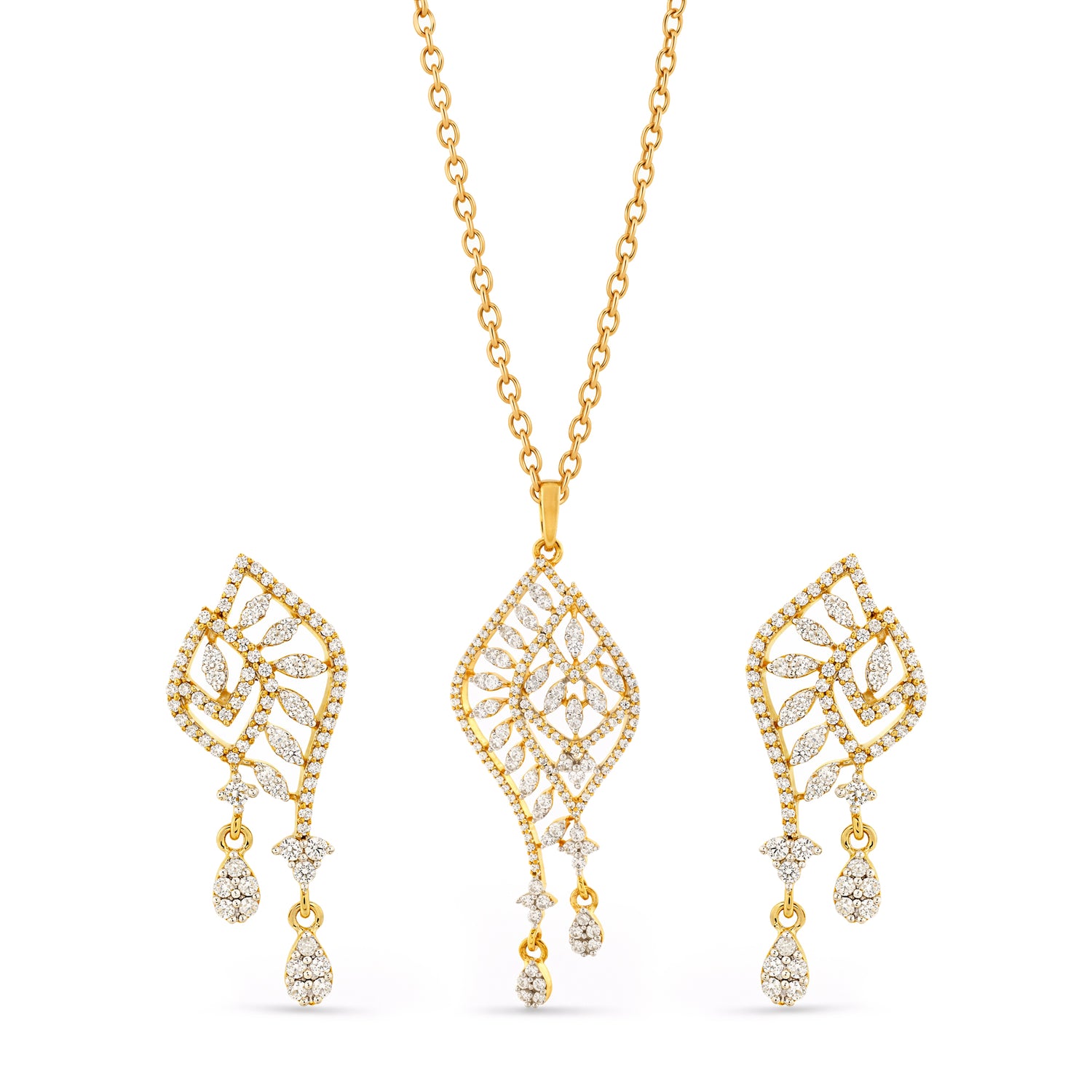 Elegantly Crafted Floral Teardrop Pendant and Matching Dangle Earring Set