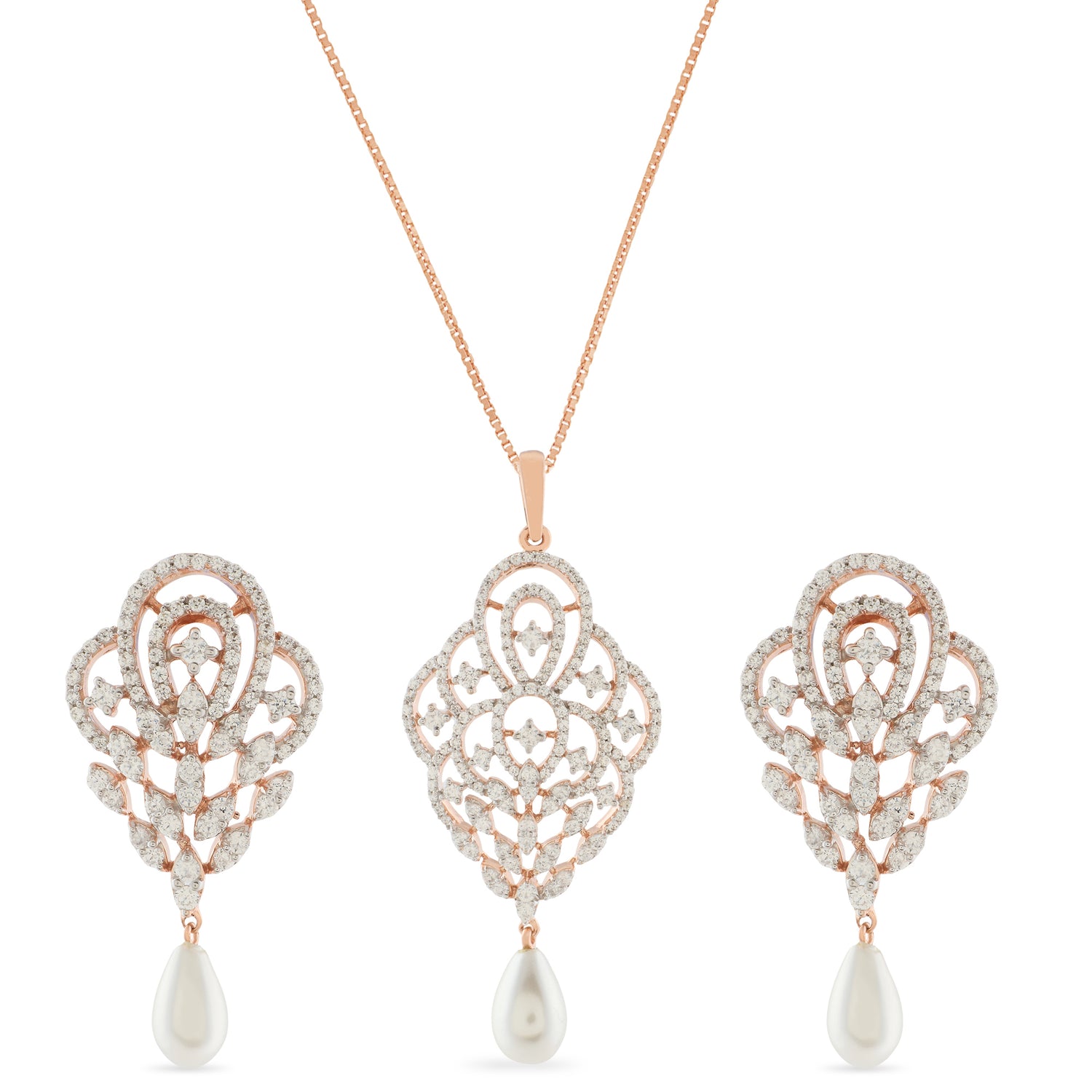 Radiant Filigree Lace Pendant and Drop Earring Set with Pearls