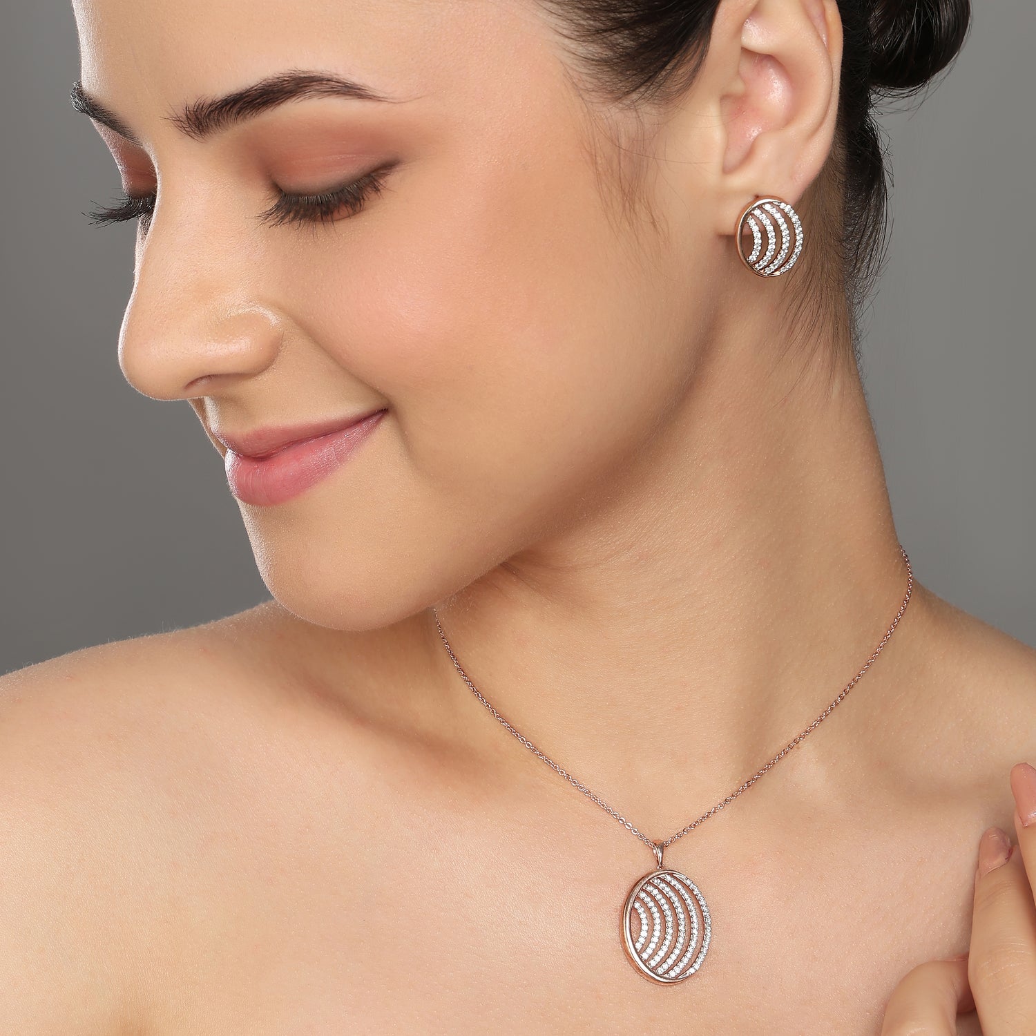 Radiant Celestial Arc Pendant and Earring Set for Eternal Grace