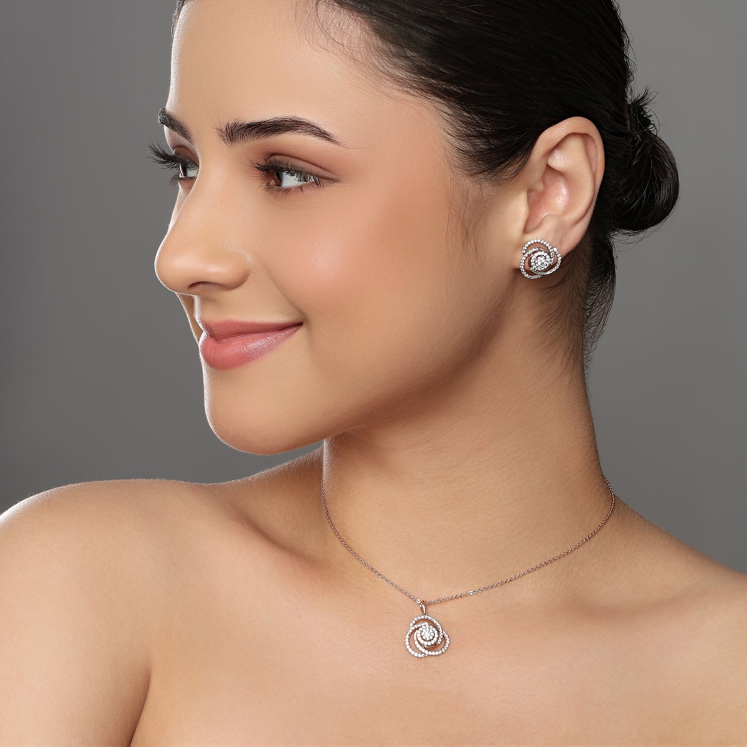 Enchanting Eternal Swirl Floral Pendant and Matching Stud Earring Set