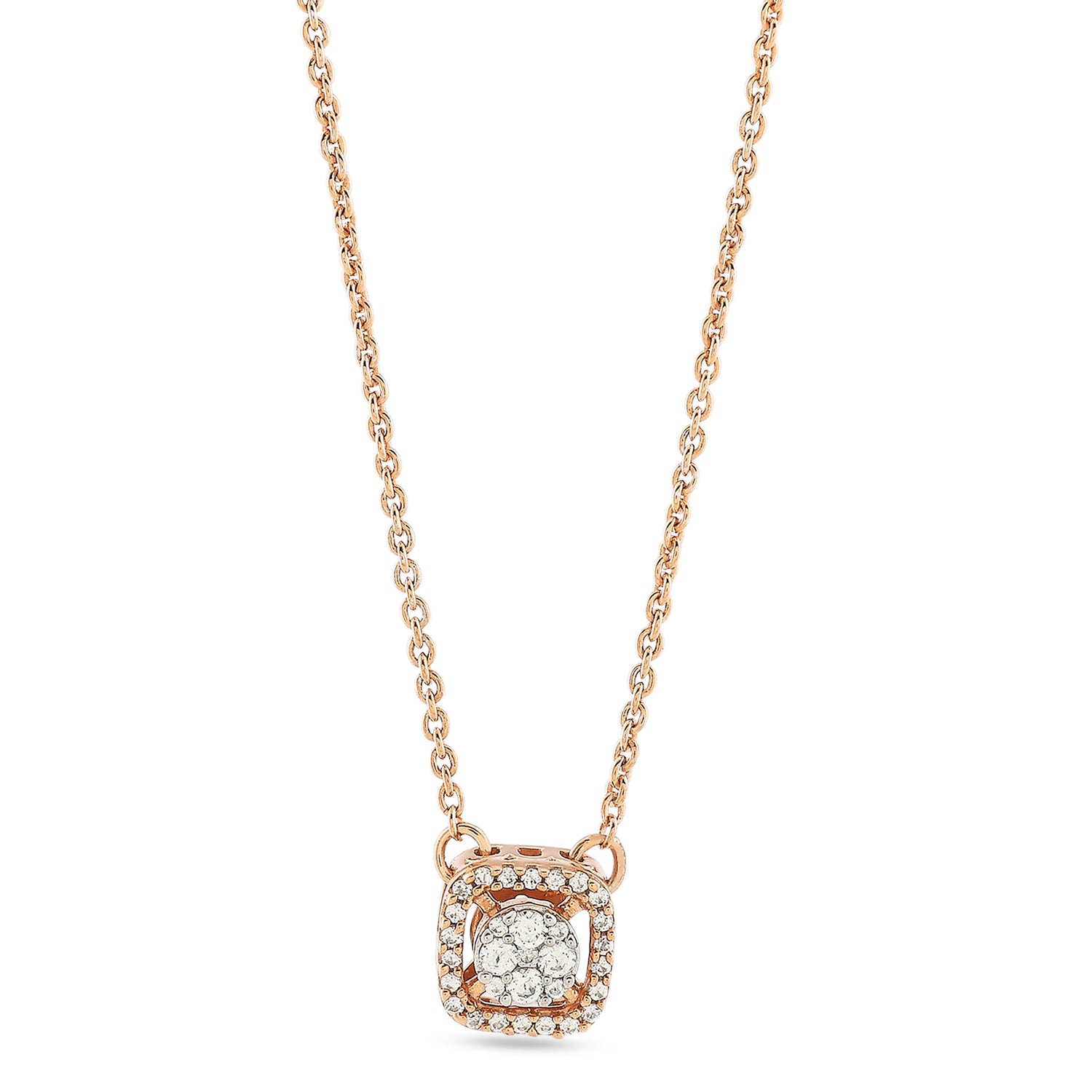 Elegant Circular Cluster Pendant With Radiant Squared Halo Frame