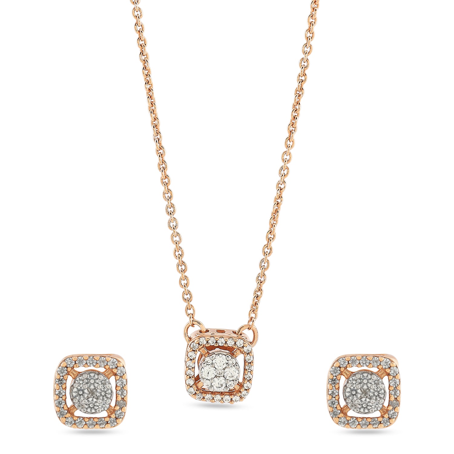 Elegant Radiant Square Halo Pendant and Stud Earring Set