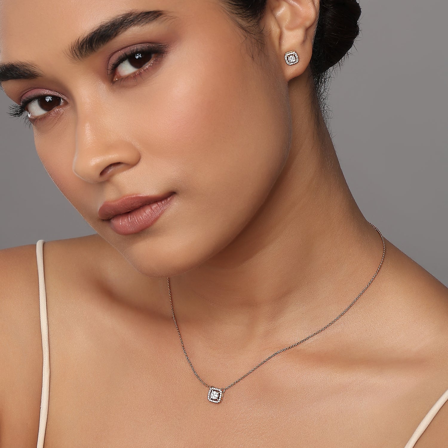 Elegant Radiant Square Halo Pendant and Stud Earring Set