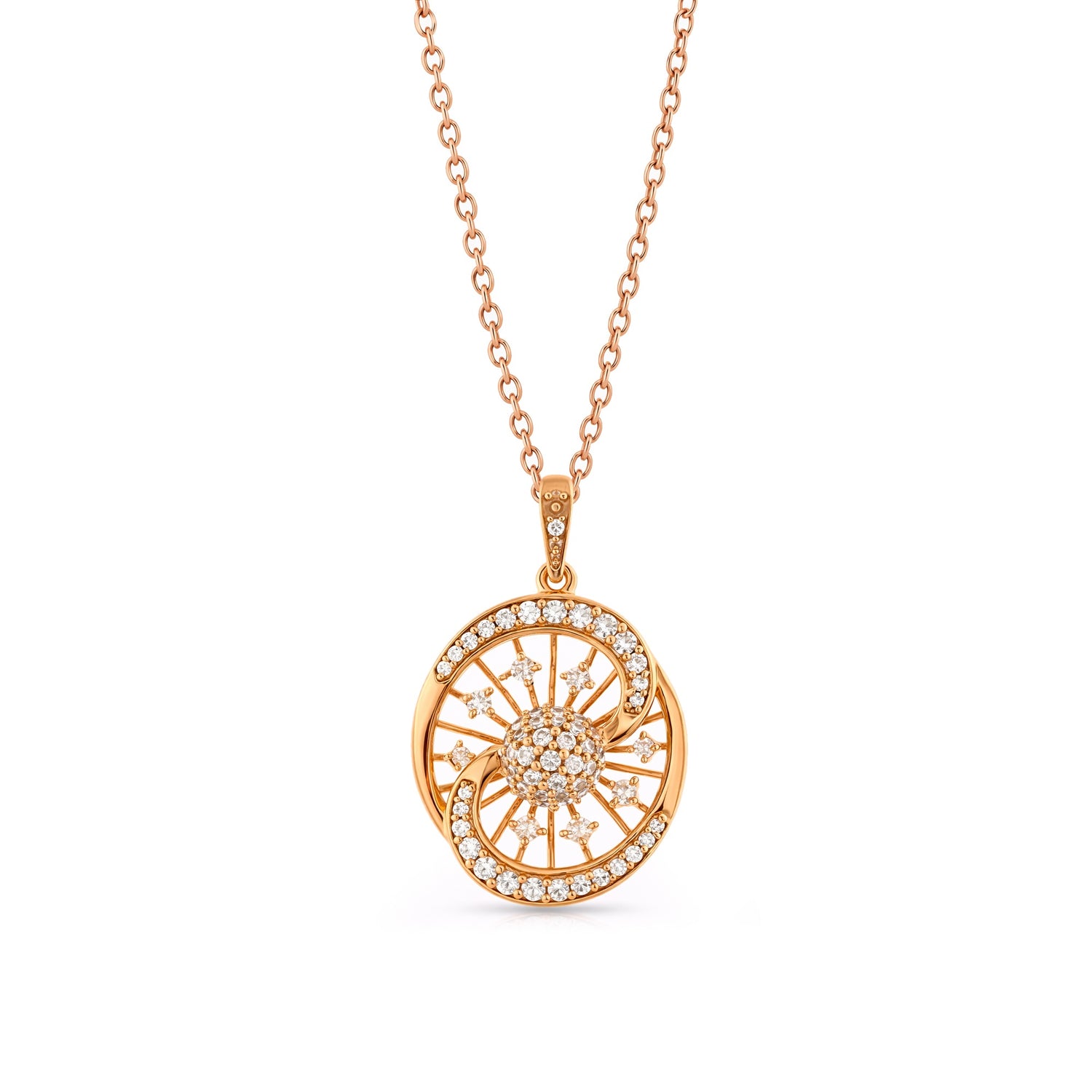 Radiant Halo Swirl Pendant with Intricate Openwork Charm