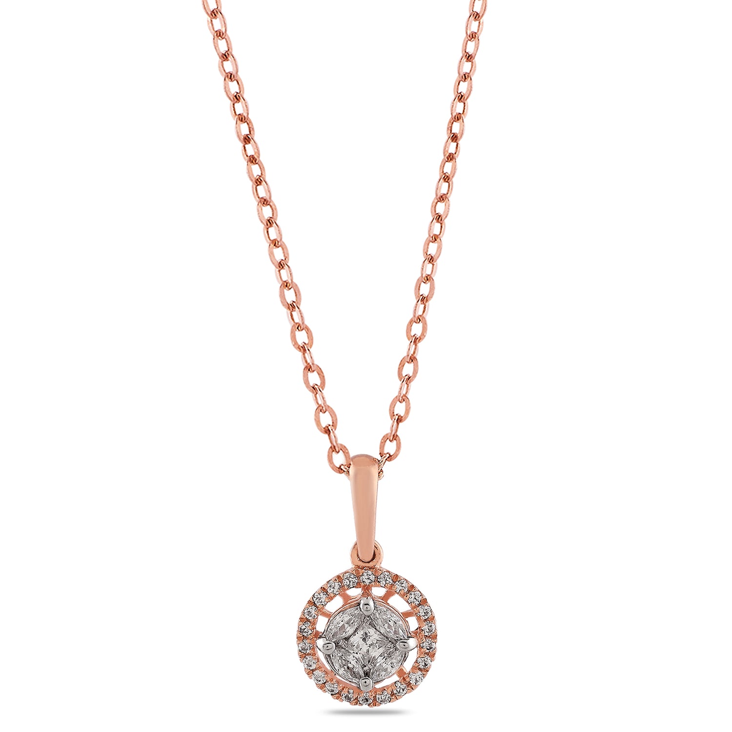 Elegant Two-Tone Geometric Halo Pendant With Radiant Center Cluster