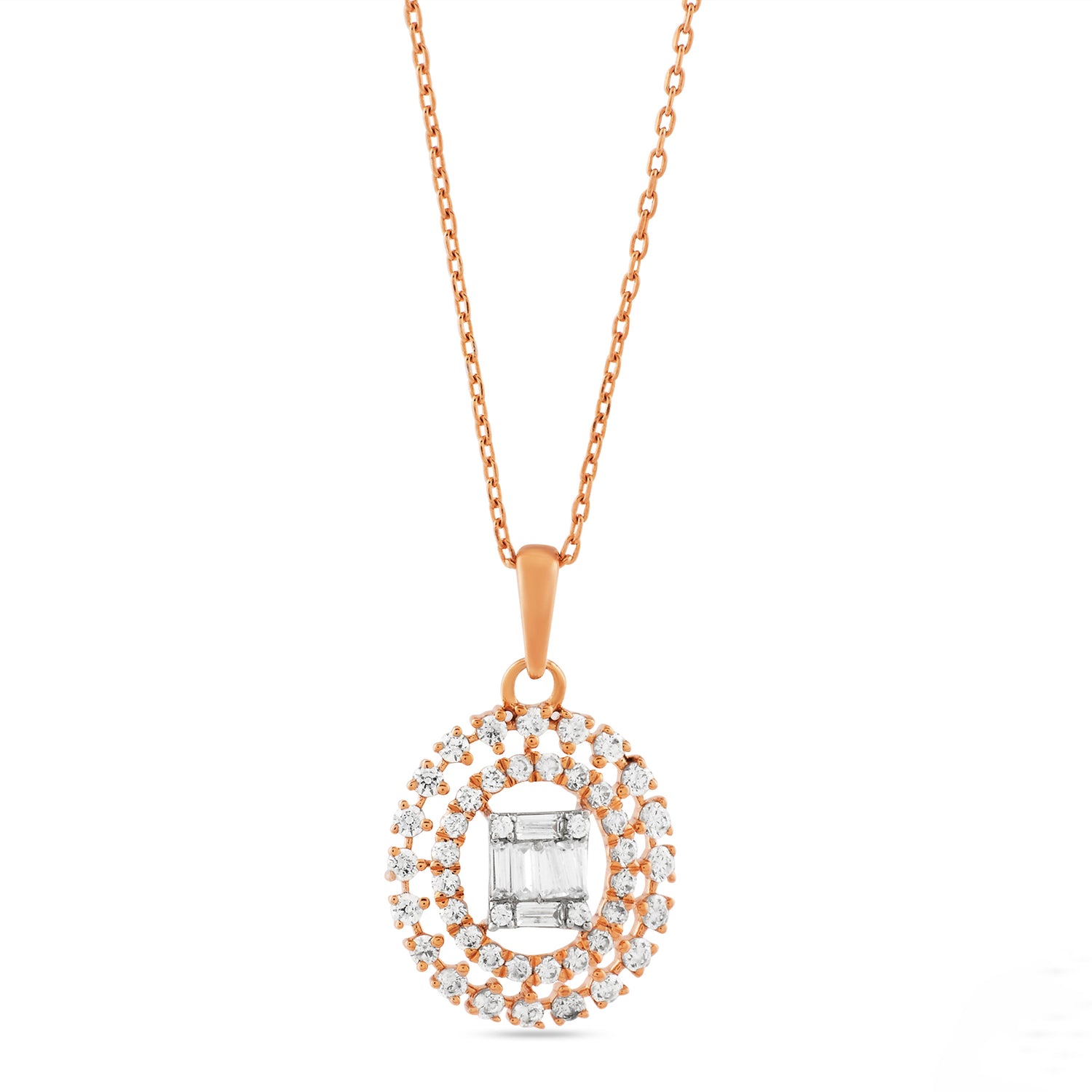 Elegant Circular Halo Pendant with Radiant Center Baguette Cluster Motif