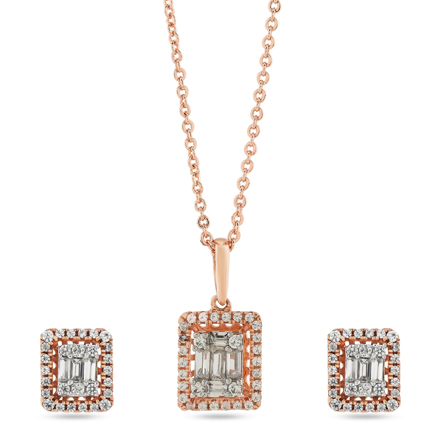 Radiant Halo Rectangle Pendant and Stud Earring Set