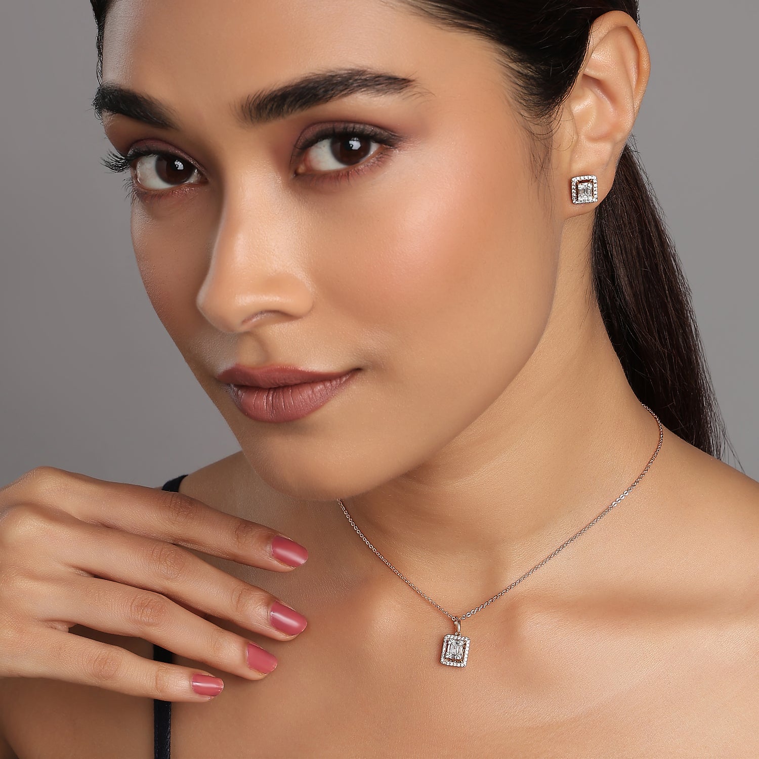 Radiant Halo Rectangle Pendant and Stud Earring Set