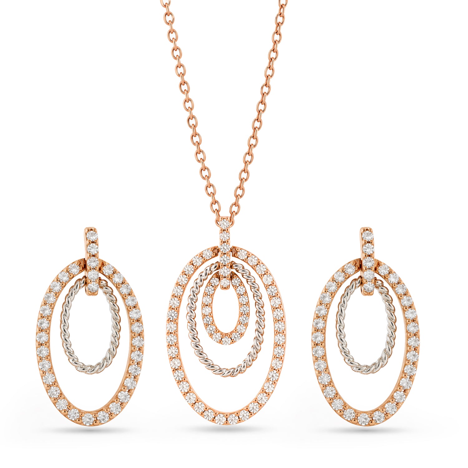 Graceful Sparkling Triple Oval Halo Pendant and Matching Earring Set